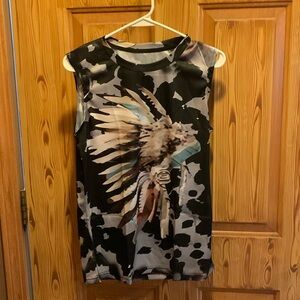 Native American headdress, graphic tank top, black, S
